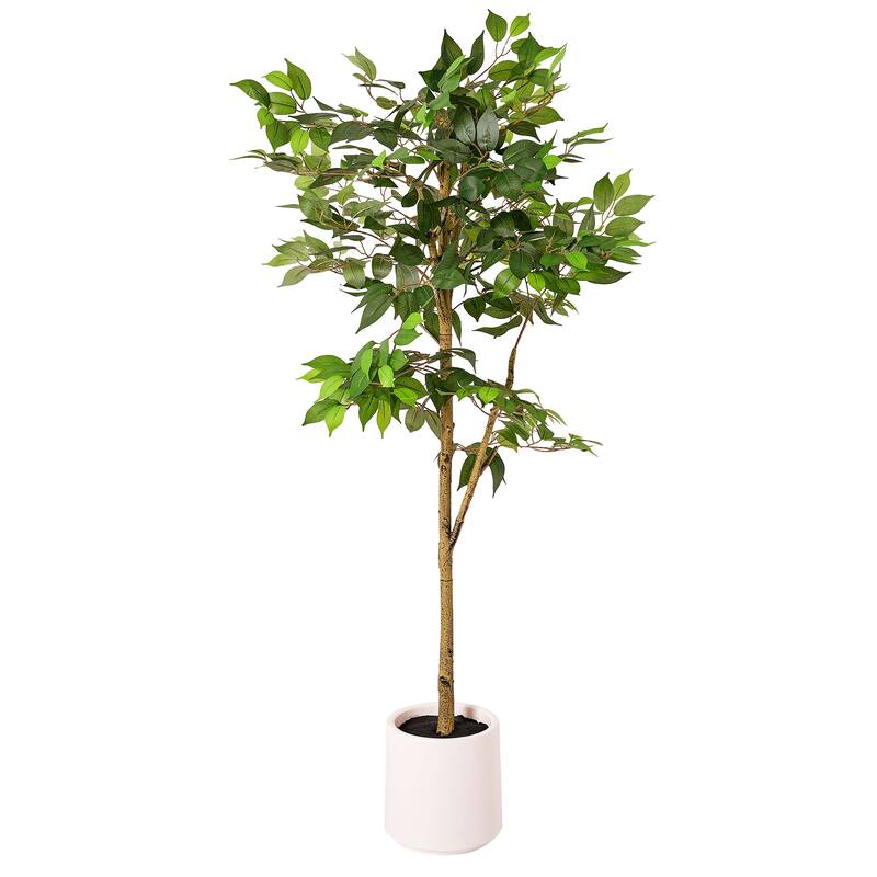 American Art Decor Artificial Faux Tree in White Tapered Ceramic Pot - 60" - Ficus Tree (Matte White Pot)