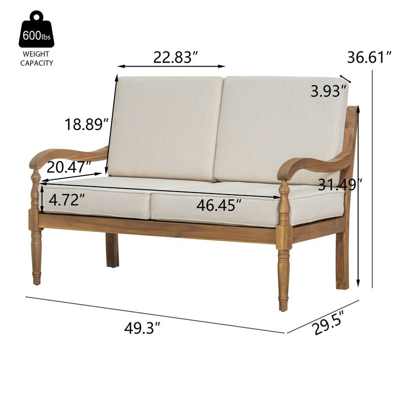 Roomfitters Outdoor Chat Set 2 Piece Acacia Wood Loveseat Coffee Table Waterproof Cushions, Natural Beige