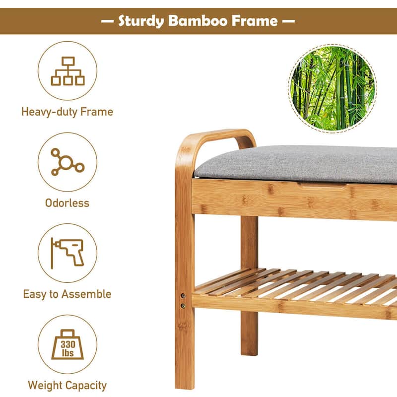 Gymax Shoe Rack Bench Bamboo W/Cushioned Seat&Storage Shelf Padded - See Details