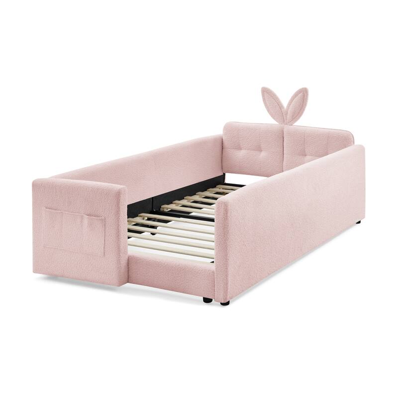 Roomfitters Twin Upholstered Platform Bed with Rabbit Ear Headboard, Safety Rail and Side Pocket, Boucle Fabric