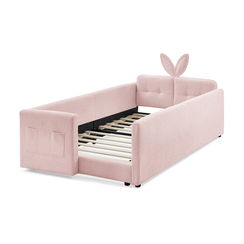 Twin Size Platform Bed Upholstered Bed with Safety Rail and Pocket, Kids Bed with Rabbit Ear, Skin-friendly Boucle Fabric