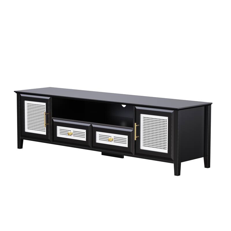 Black Rattan TV Stand Sets with TV Console and 2 Tall Cabinets - 102.10" x 15.70" x 63.00"