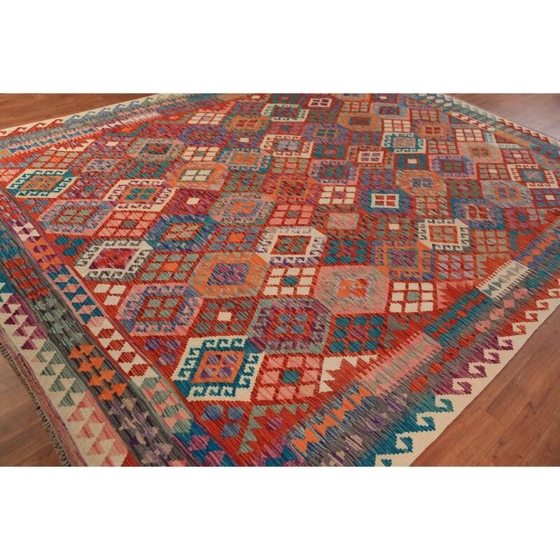 Reversible Kilim Oriental Rug Hand-Woven Multi-Color Wool Carpet - 8'7"x 11'6"