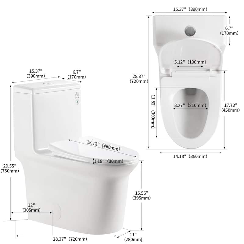 Anmytek Super Quiet One-Piece Toilet - 1.1/1.6 GPF, Elongated Comfort Height, White Ceramic with Soft Close Seat