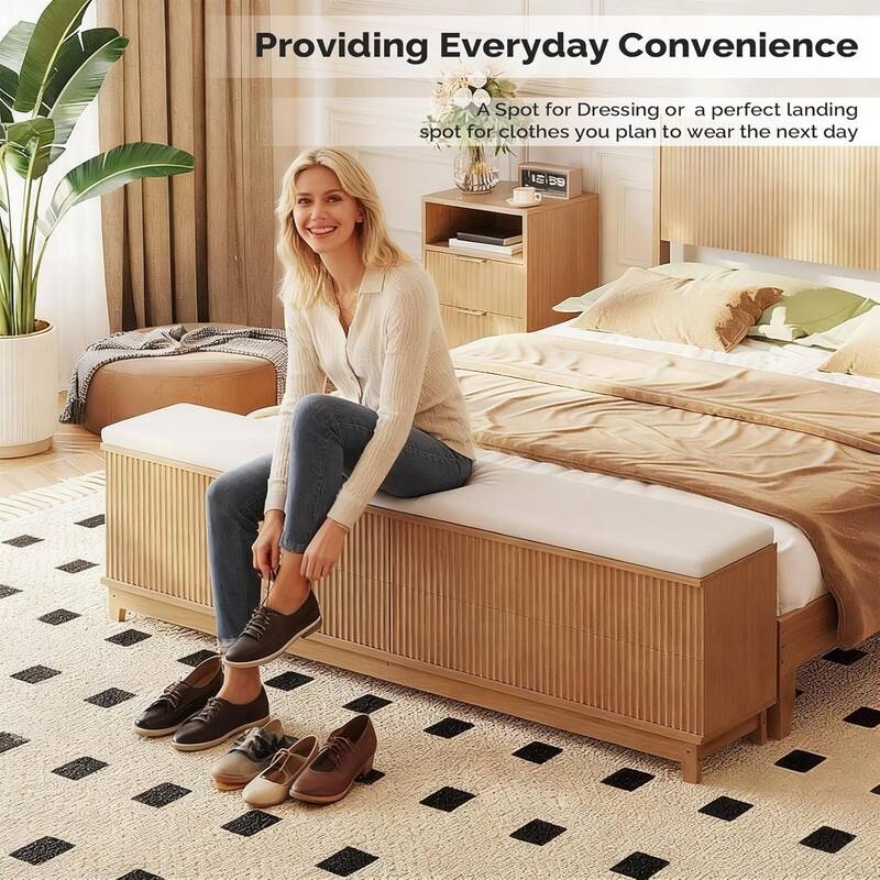 Natural Oak Wood Platform Bed Frame with Built-in Footboard Storage Bench,4 Drawers,Headboard,Heavy duty,No Box Spring Needed