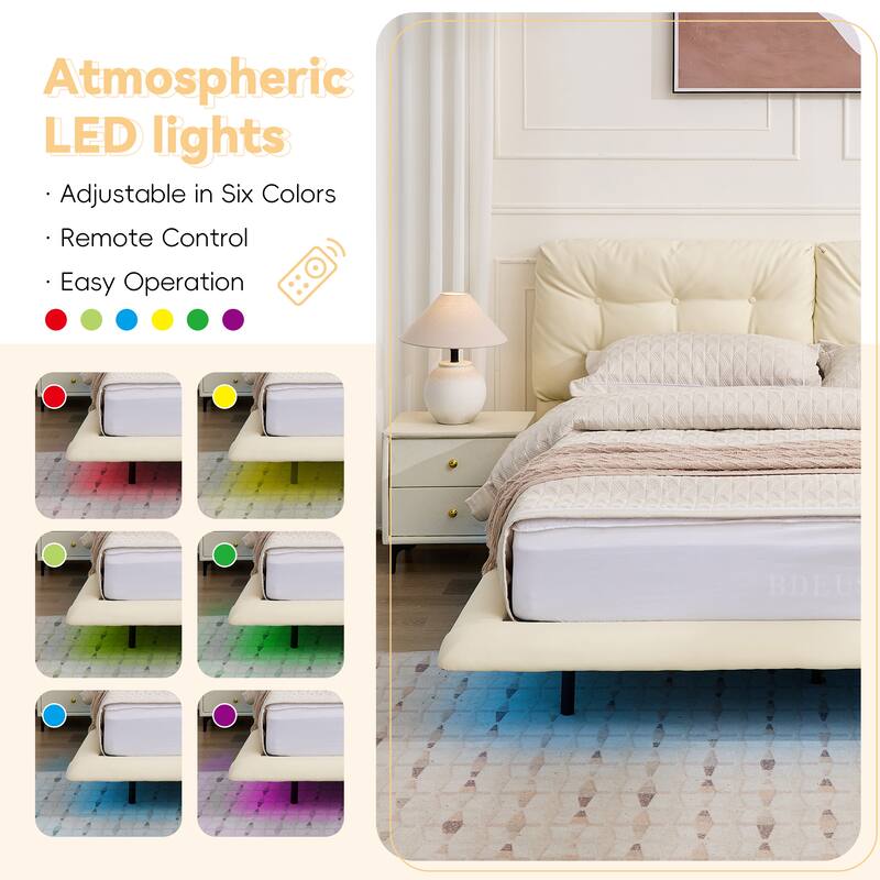 Christopher Knight Home- Lorcan PU Leather Floating Bed Frame with LED Lights and Button-Tufted Headboard