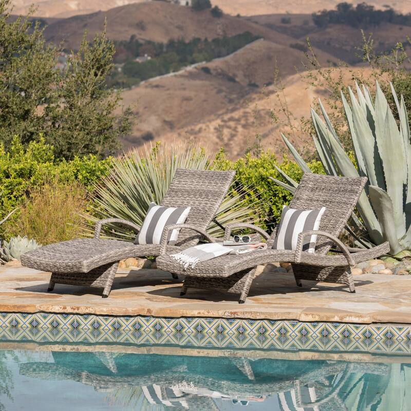 2-Piece Outdoor Wicker Lounge Chair with Armrests, All-Weather Patio Chaise Chair Rattan Recliner, No Cushion Needed