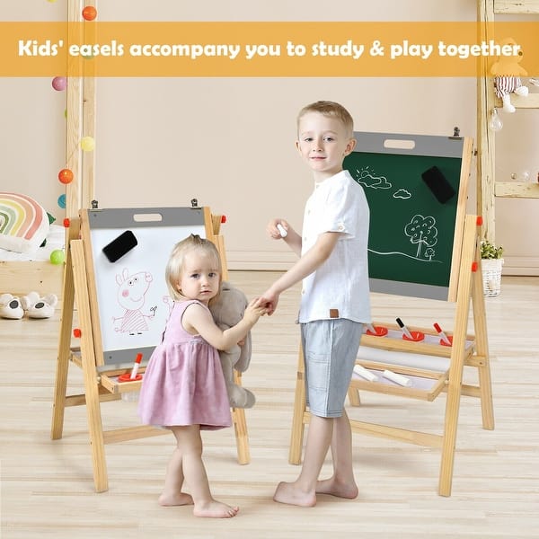 Kids Easel With Paper Roll Double-Sided Whiteboard & Chalkboard Foldable Standing Easel Wooden Art Easel