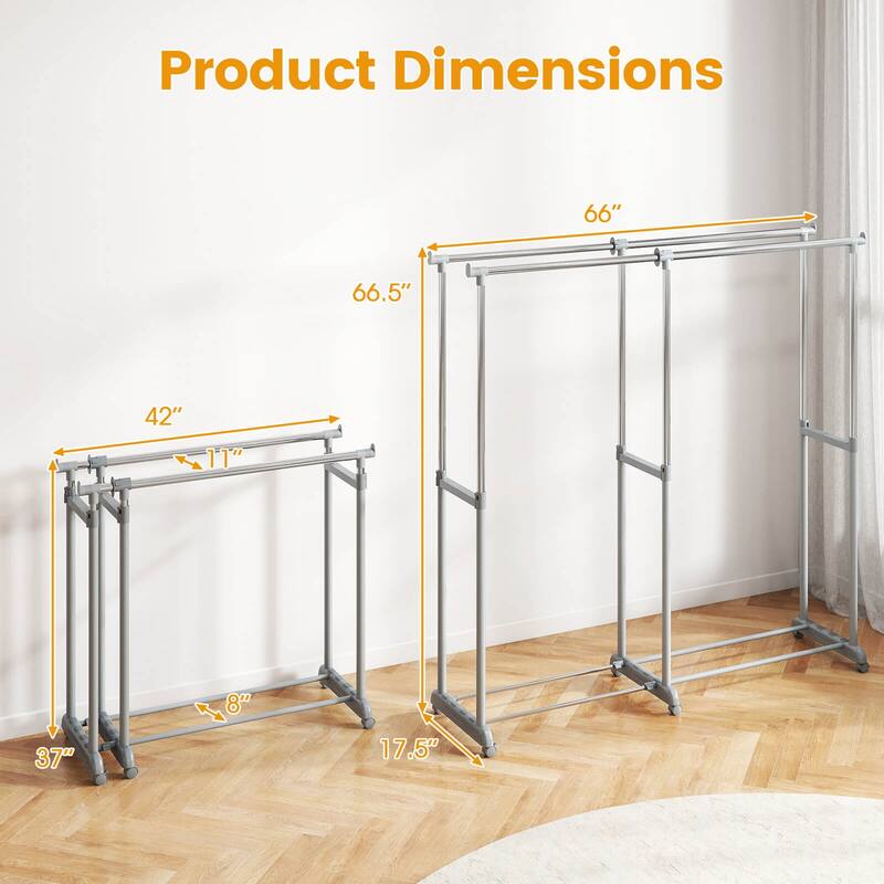 Costway Double Rod Clothes Rack with Extendable Height & Width for - Silver - See Details