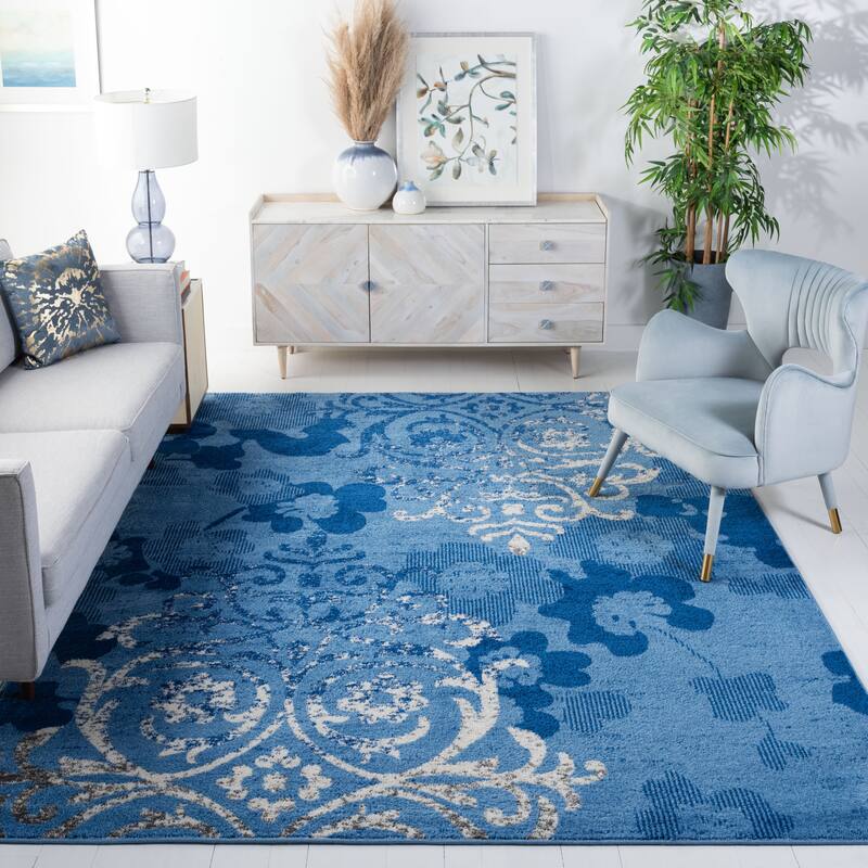 SAFAVIEH, Adirondack Rena Damask Floral Distressed Rug - 11' x 15' - Light Blue/Dark Blue