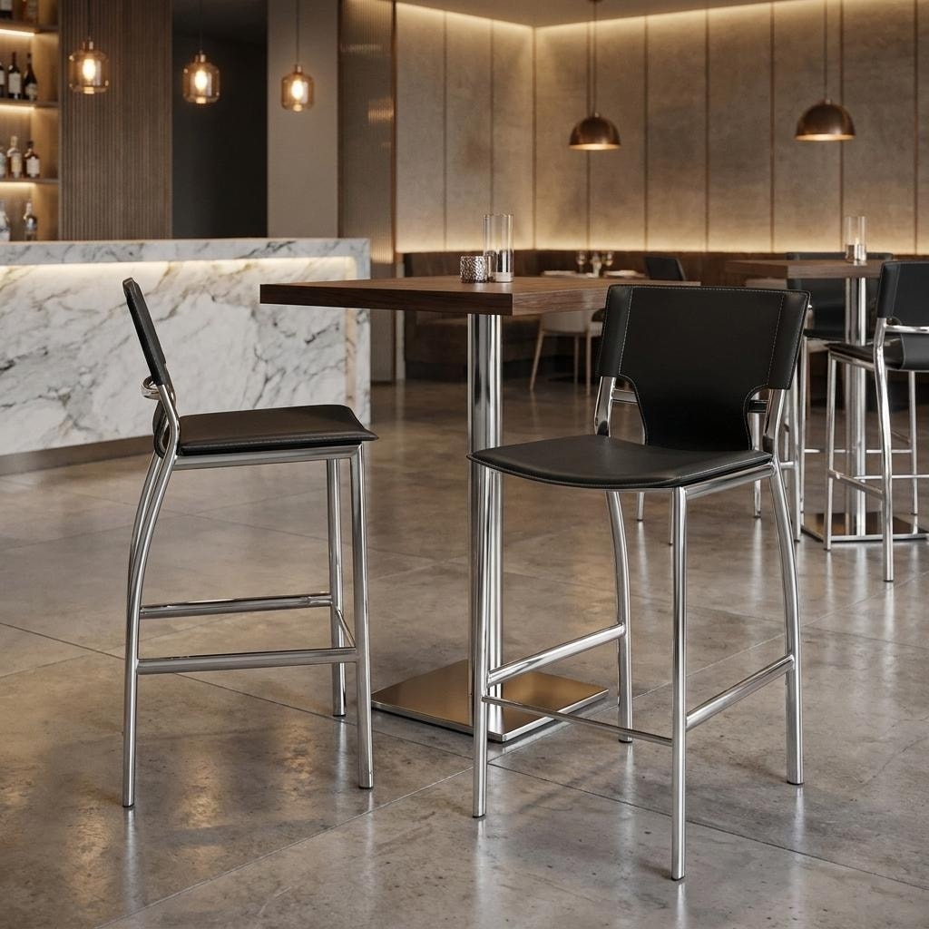 HomeRoots Set of Two 25" Black And Silver Faux Leather And Metal Low Back Counter Height Bar Chairs
