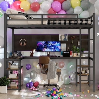 Full XL Metal Loft Bed with Desk and Shelves, Loft Bed with Ladder and Guardrails, Loft Bed Frame for Bedroom