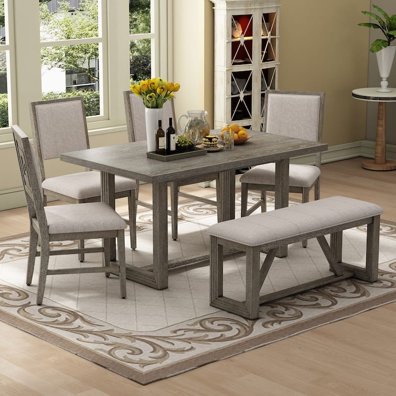 6-Piece Retro Dining Table Set, 60" Wood Kitchen Table and Chairs