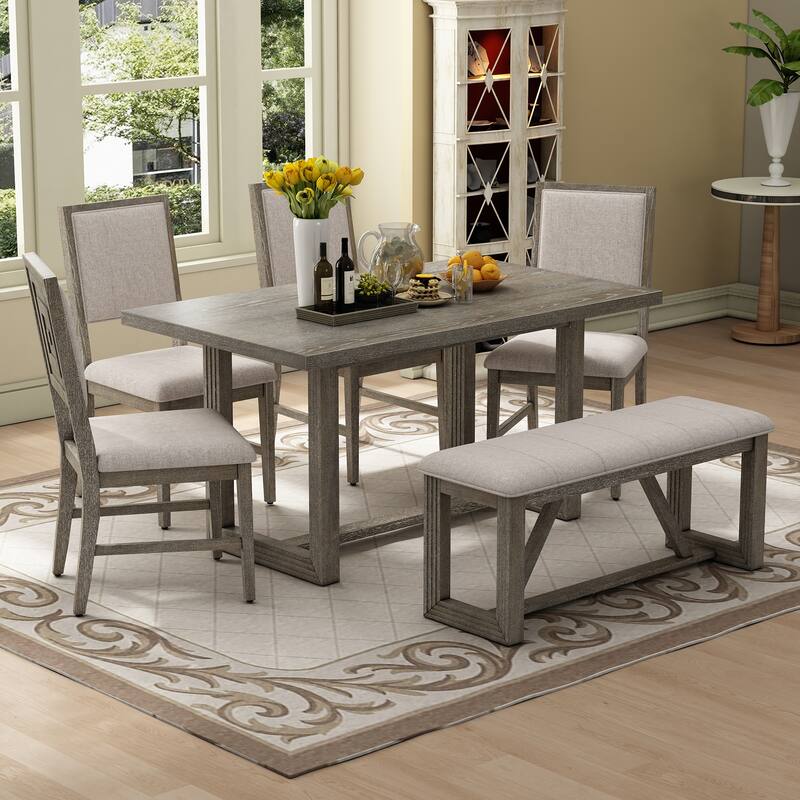 Casual Dining Table Set Gray Wooden Dining Table Set Mid-Century Modern Dining Table Set with 4 Upholstered Chairs and Bench