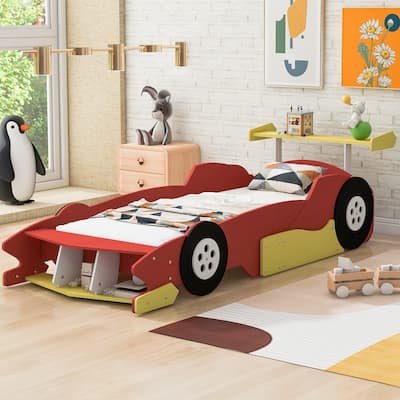 Red Twin Size Cool Pine Wood Race Car Platform Bed - Rear Wing, Front Spoiler, Safety Rails, Wheels, Easy Assembly