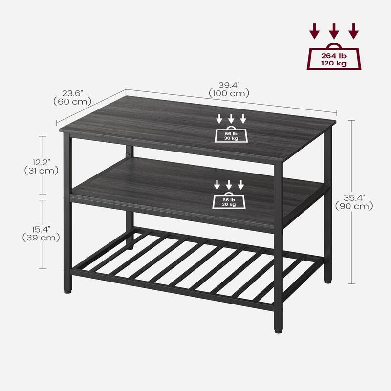 Black Metal Kitchen Shelf with Large Wooden Worktop and Adjustable Storage Racks
