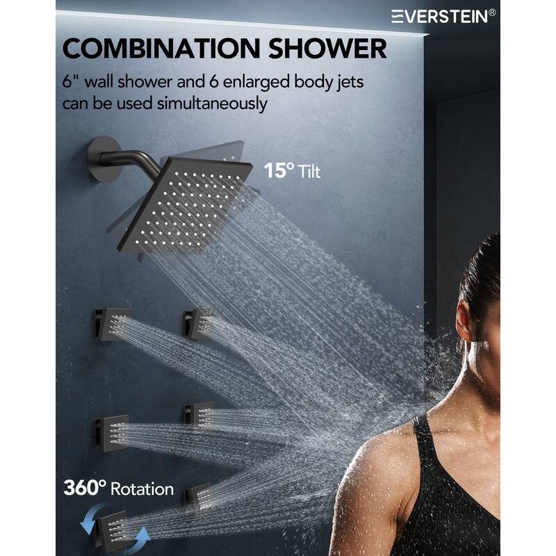 Shower Faucet Set Dual Heads with 3 Spray Modes 16" Ceiling and 6" Wall Mount Body Jets Handheld Spray LED Music