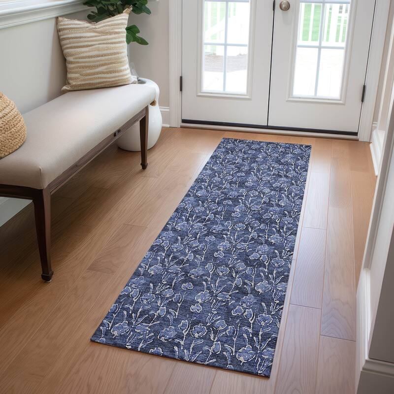 Machine Washable Indoor/ Outdoor Chantille Modern Floral Impressions Rug - Navy - 2'3" x 7'6"