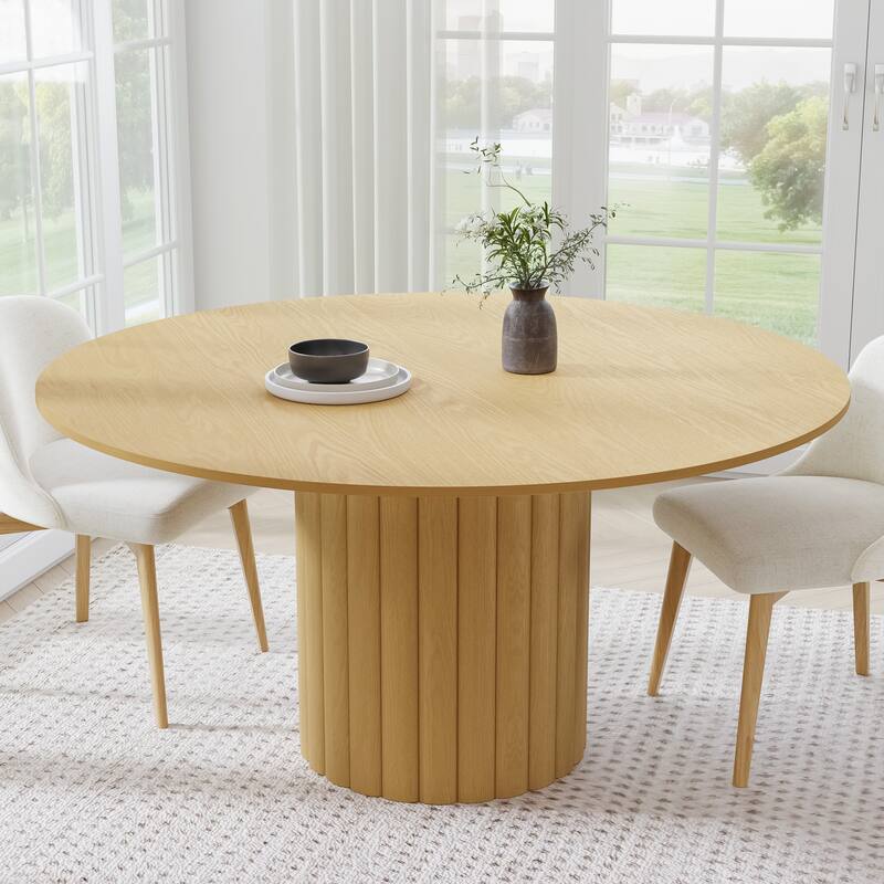 Solid Wood Round Dining Table Kitchen Table with Tabletop & Textured Cylindrical Base