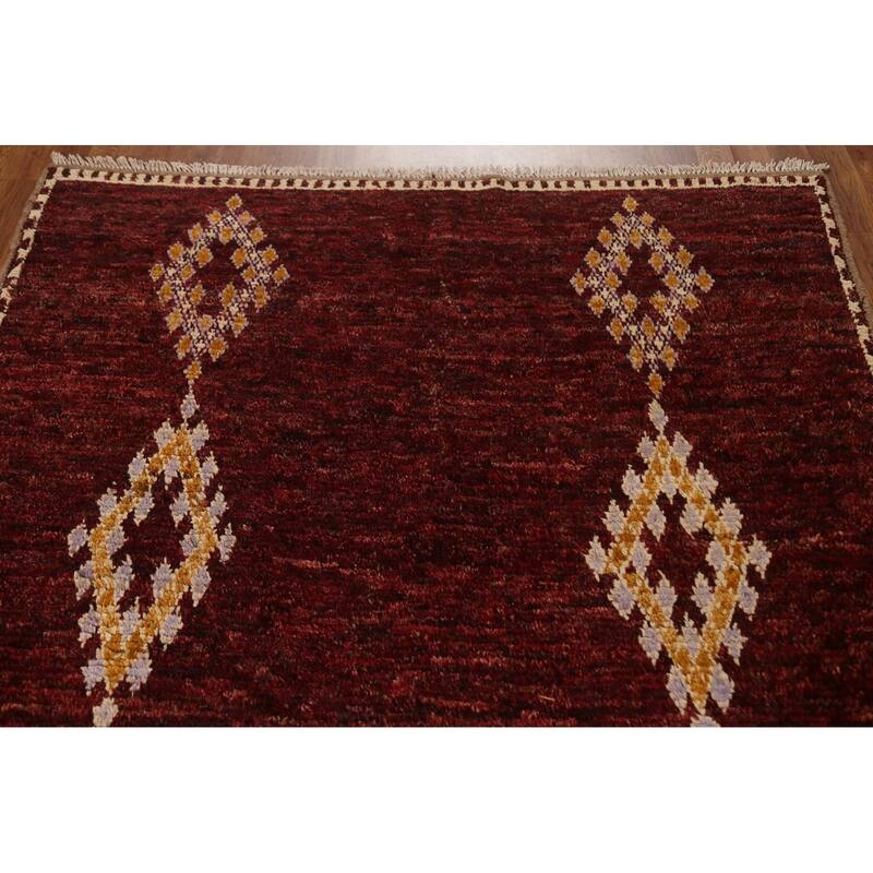 Hand Knotted Oriental 100% Wool Carpet Modern Tribal Red Moroccan Area Rug - 8' 3'' X 5' 3''