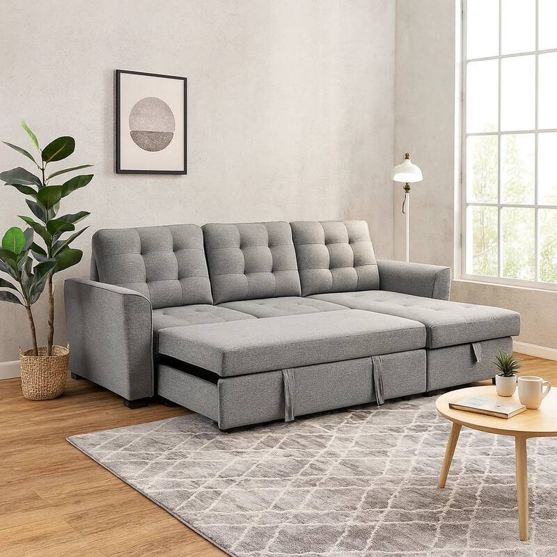 91 Inch Modern Sleeper Sectional Sofa with Reversible Storage Chaise, Gray