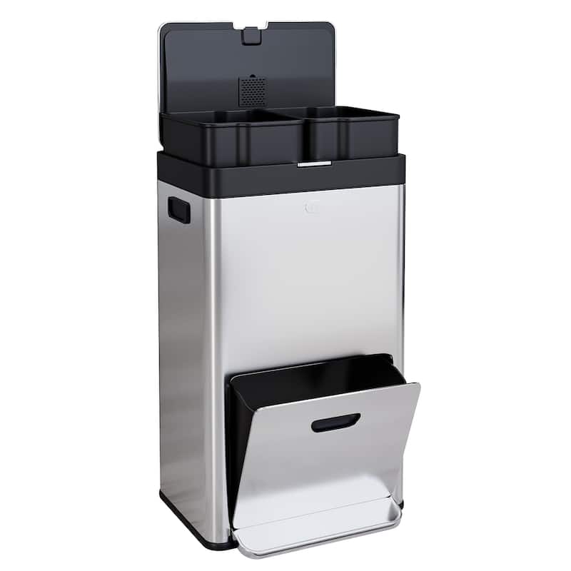 14.8-Gallon 3-Bucket Kitchen Trash Can with Lid in Stainless Steel - Silver