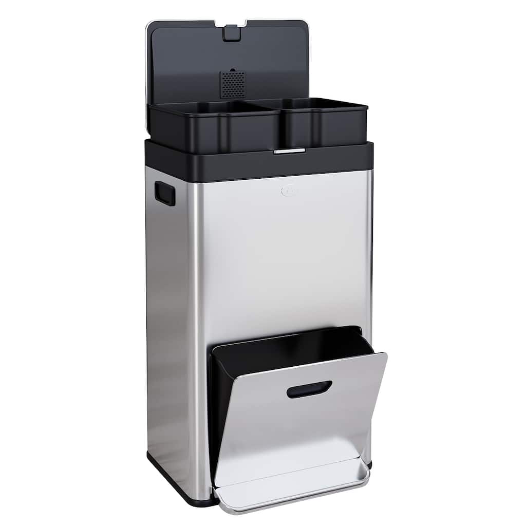 14.8-Gallon 3-Bucket Kitchen Trash Can with Lid in Stainless Steel