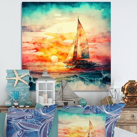 Designart 'Sailboat On The Ocean Watercolor Sunset I' Coastal Boat Metal Wall Art