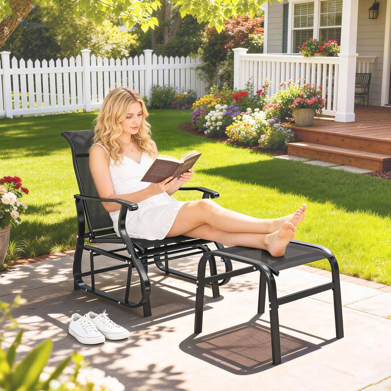 Outsunny Outdoor Glider Chair with Ottoman, 2-Piece Patio Glider Set with High Back and Wide Seat, Gliding Outdoor Lounge Se - Black
