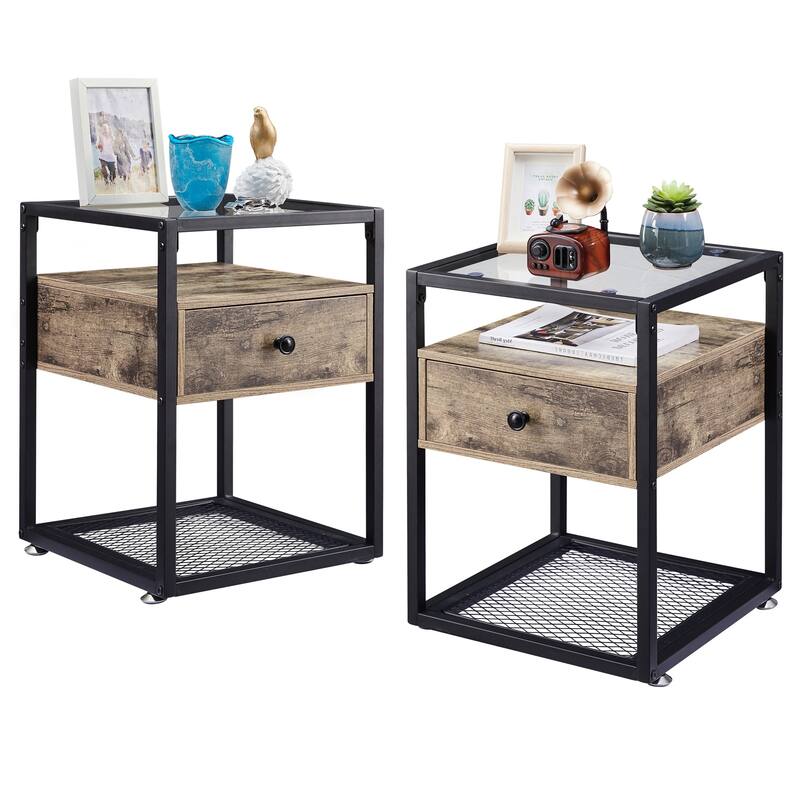 VECELO Modern Square Nightstands Set of 2 with Tempered Glass Top