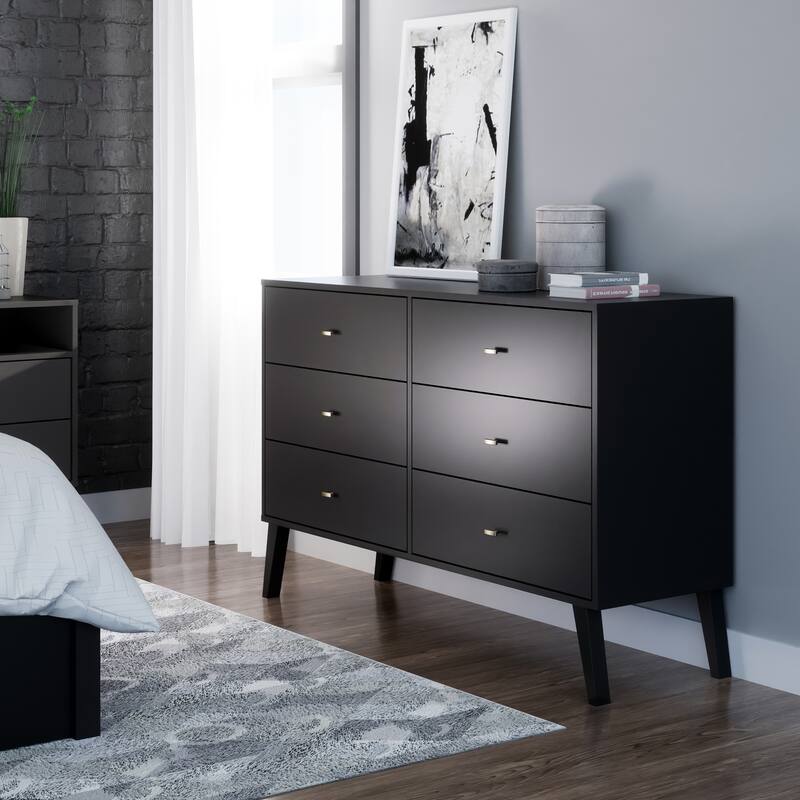Prepac Milo Mid-Century Modern 6 Drawer Double Dresser for Bedroom, Chest of Drawers, Contemporary Bedroom Furniture