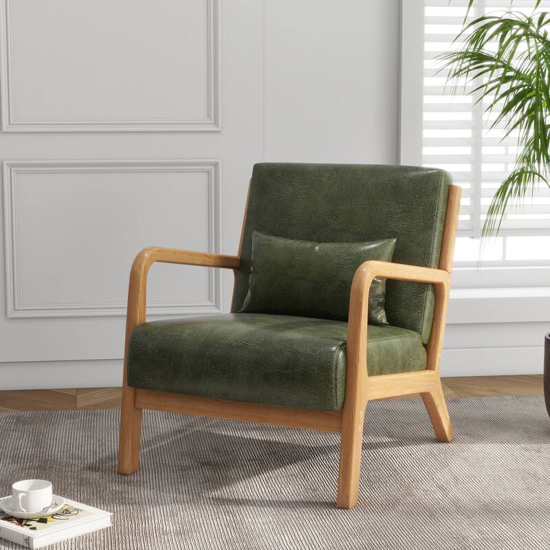 Mid Century Solid Wood Upholstered Accent Chair - HUNTER GREEN/PU/NATURAL WOOD HIGH SIDE FRAME