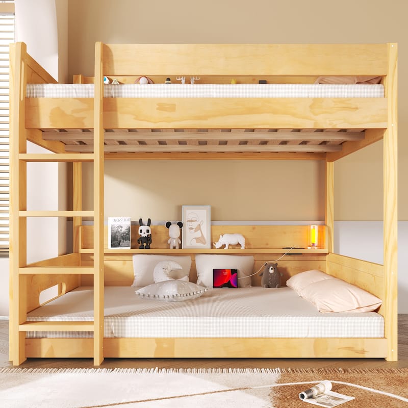 Queen over Queen Bunk Bed with Storage Shelves & Built-in USB Ports, Heavy Duty Metal Frame