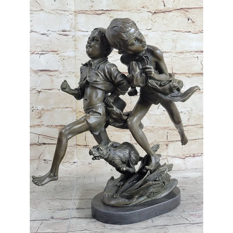 Two Running Boys With A Dog Children Bronze Sculpture Marble Base Statue Figure