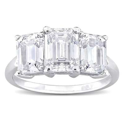 Miadora 3 3/4ct DEW Emerald-cut Created Moissanite Three-Stone Engagement Ring in Sterling Silver