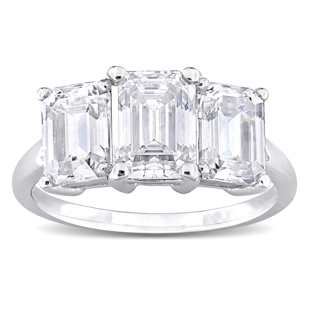 Miadora 3 3/4ct DEW Emerald-cut Created Moissanite Three-Stone Engagement Ring in Sterling Silver
