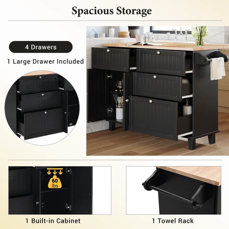 Farmhouse-Style Kitchen Island Set with Drop-Leaf Table, Two Seats, Storage Cabinet, Drawers, and Towel Rack‌