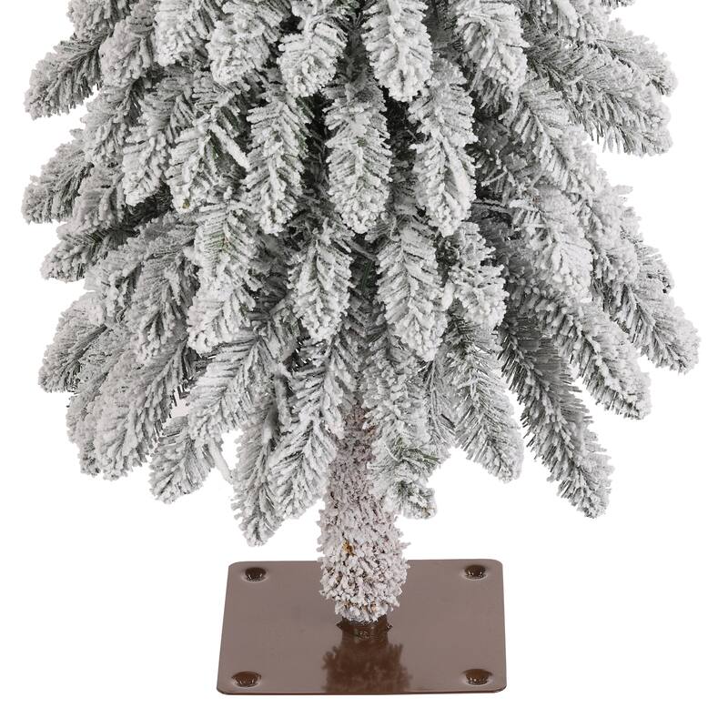 Glitzhome 4.5ft/6ft/7.5ft Pre-Lit Flocked Artificial Snowy Downswept Christmas Tree with Foot Pedal Control LED Lights