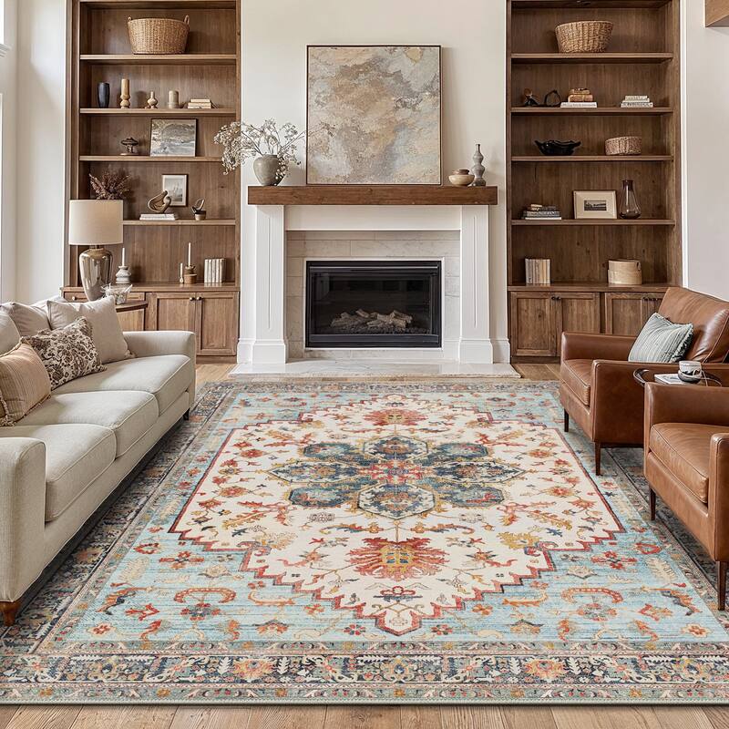 Mcow Vintage Harmony Collection Low-Pile Machine-Washable Area Rug - Sky Blue - 8' x 10' - Rectangle