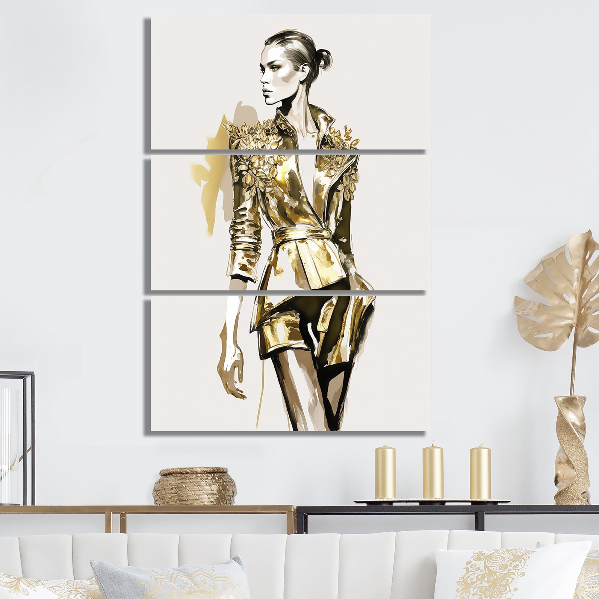 Designart High Fashion Female Sketch I Fashion Woman Canvas Art Print - 3 Panels - 28 in. Wide x 36 in. High