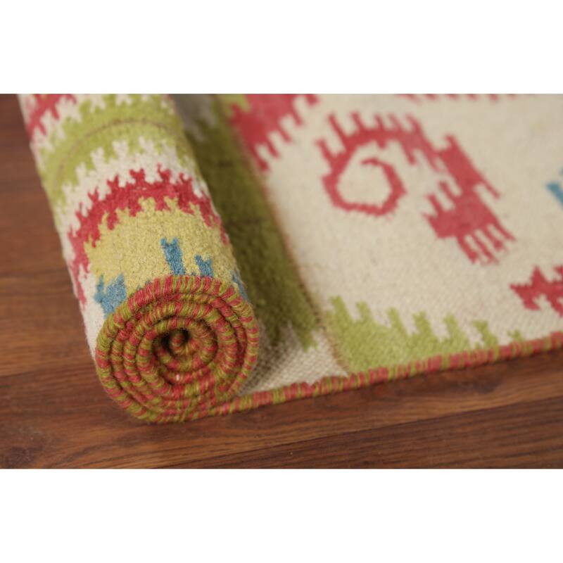 Green Kilim Oriental Area Rug Flatweave Wool Carpet - 5'8"x 8'11"