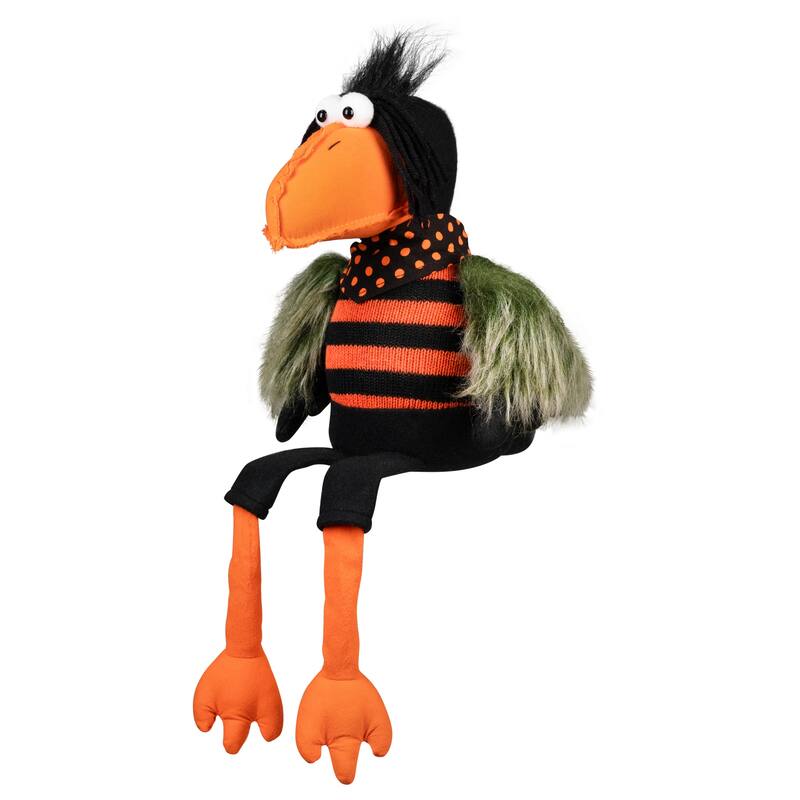 Plush Sitting Crow Halloween Decoration with Dangling Legs - 17"