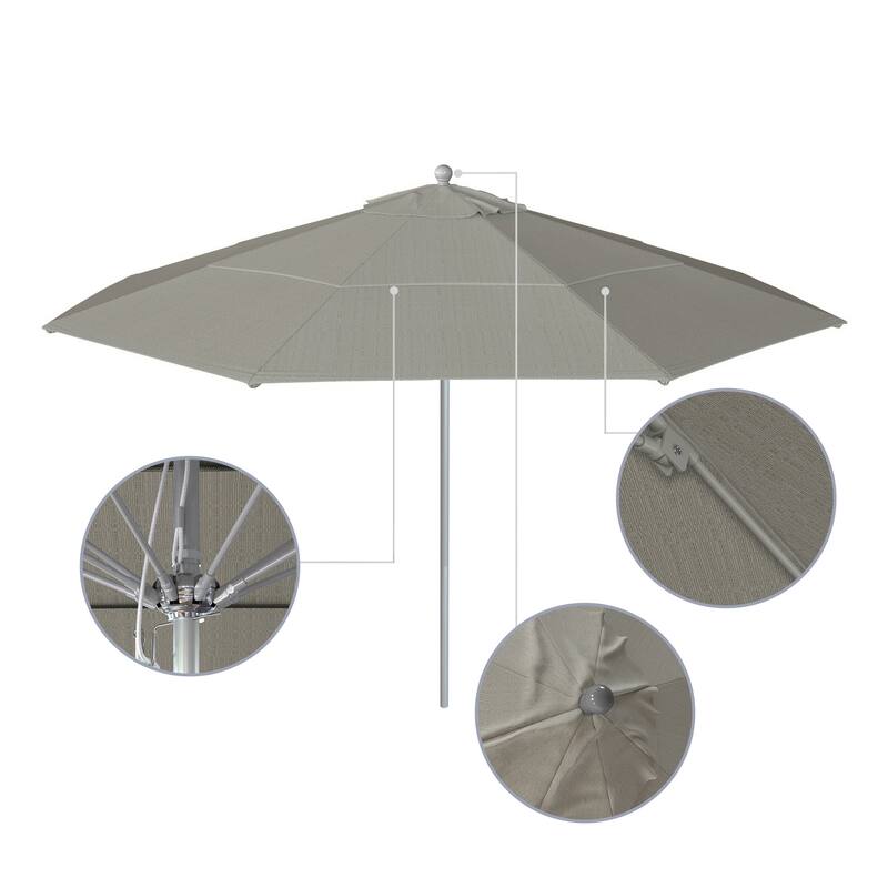 California Umbrella 11' Rd Aluminum Frame, Fiberglass Rib Market Umbrella, Push Open, Anodized Silver Finish, Olefin Fabric