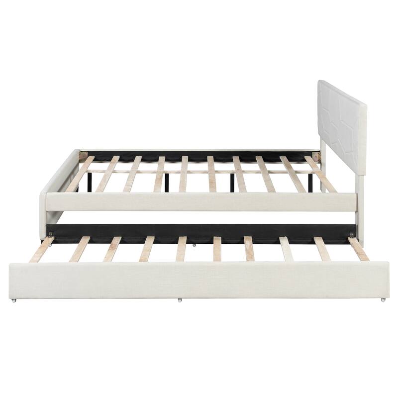 Roomfitters Queen Size Upholstered Platform Bed Frame with Twin XL Trundle and Geometric Patterned Headboard