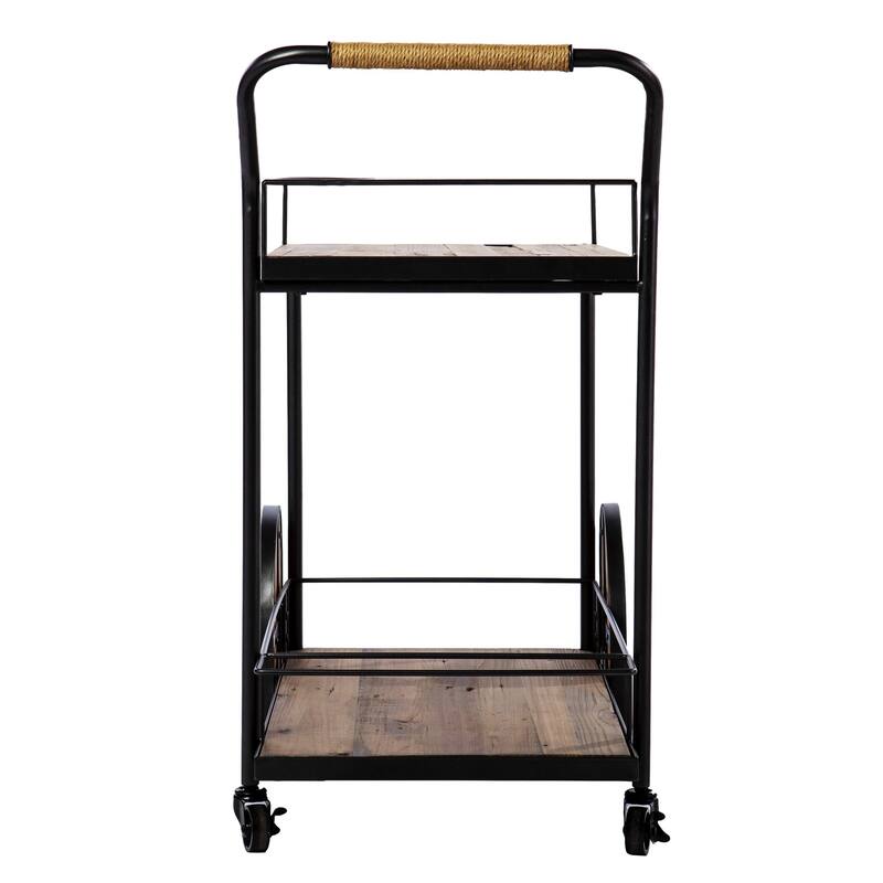 Mobile Bar Cart with Natural Wood Surface Matte Iron Frame 6-Bottle Wine Rack and Shelf - 34”H x 32.25”W x 17.5”D