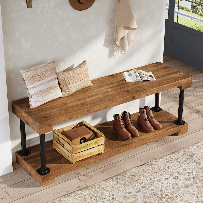 63" Solid Wood Entryway Bench, Industrial Storage Bench with Shelf