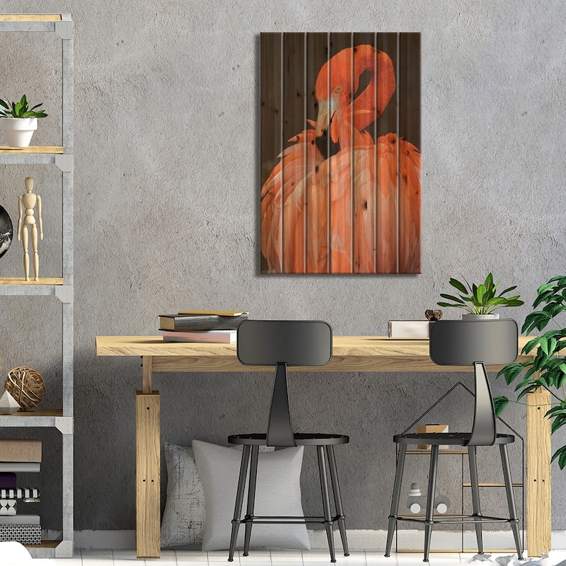 American Flamingo Preening Feathers Print On Wood by Adam Jones - Multi-Color