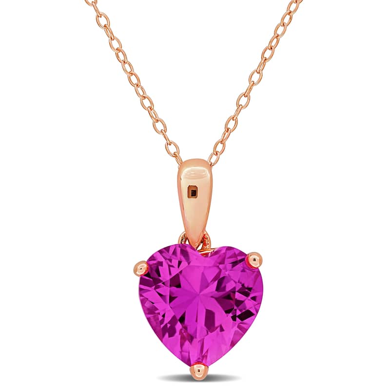 Miadora 2 1/4ct TGW Created Pink Sapphire Solitaire Heart Design Pendant with Chain in Rose Silver