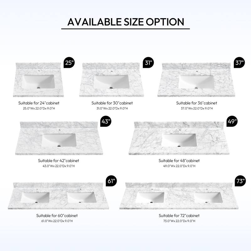 Zevio Natural Marble Vanity Top in Carrara White with Ceramic Sink