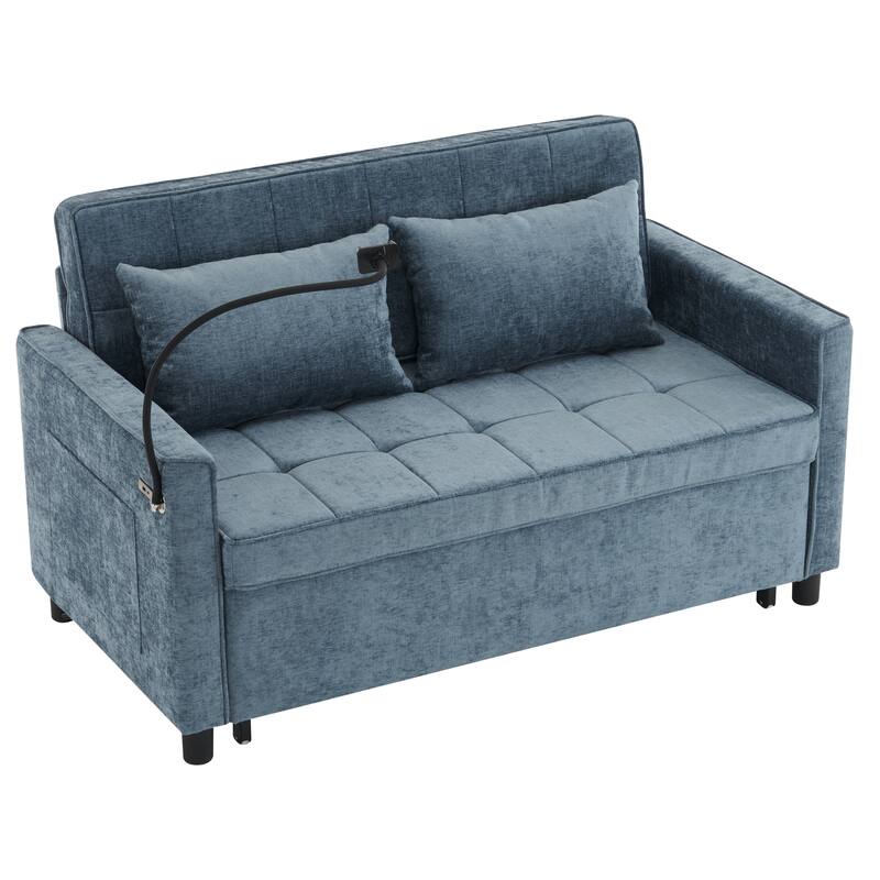 Roomfitters Loveseat Pull-Out Sofa Bed with Reversible Backrest Cushion, Side Pockets, USB Ports, and Phone Holder